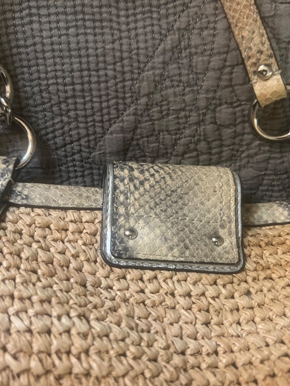 Coach Straw Hampton Python Trim Tote Shoulder Hobo Bag w/ Turn Lock Zebra Lined - Picture 9 of 10